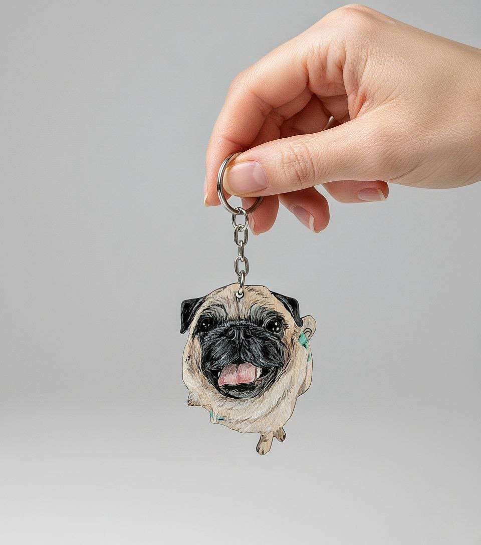 Custom Dog Portrait Keychain - Hand-Painted Wooden Pet Keychain