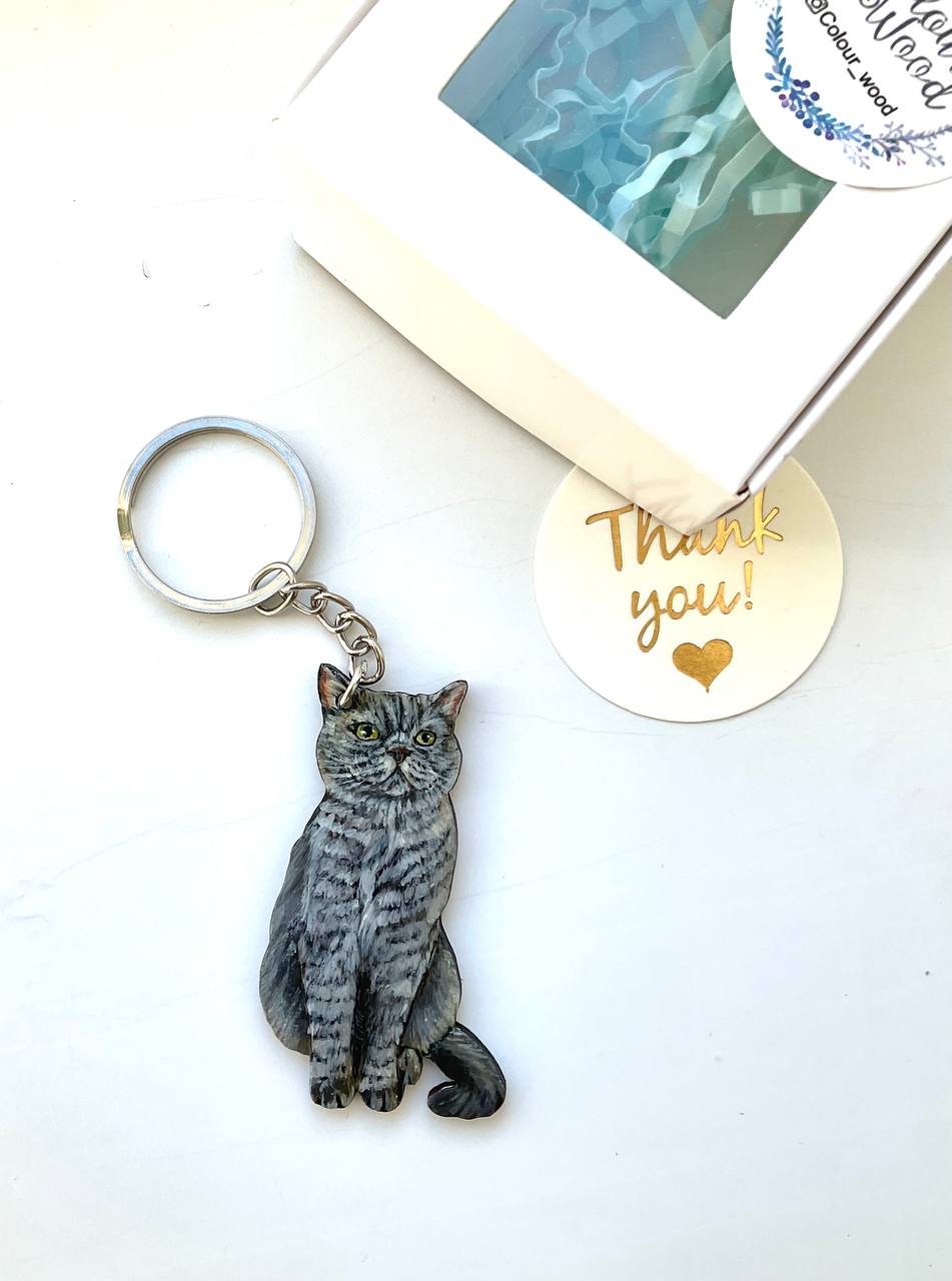 Custom Cat Portrait Keychain - Hand-Painted Wooden Pet Keychain