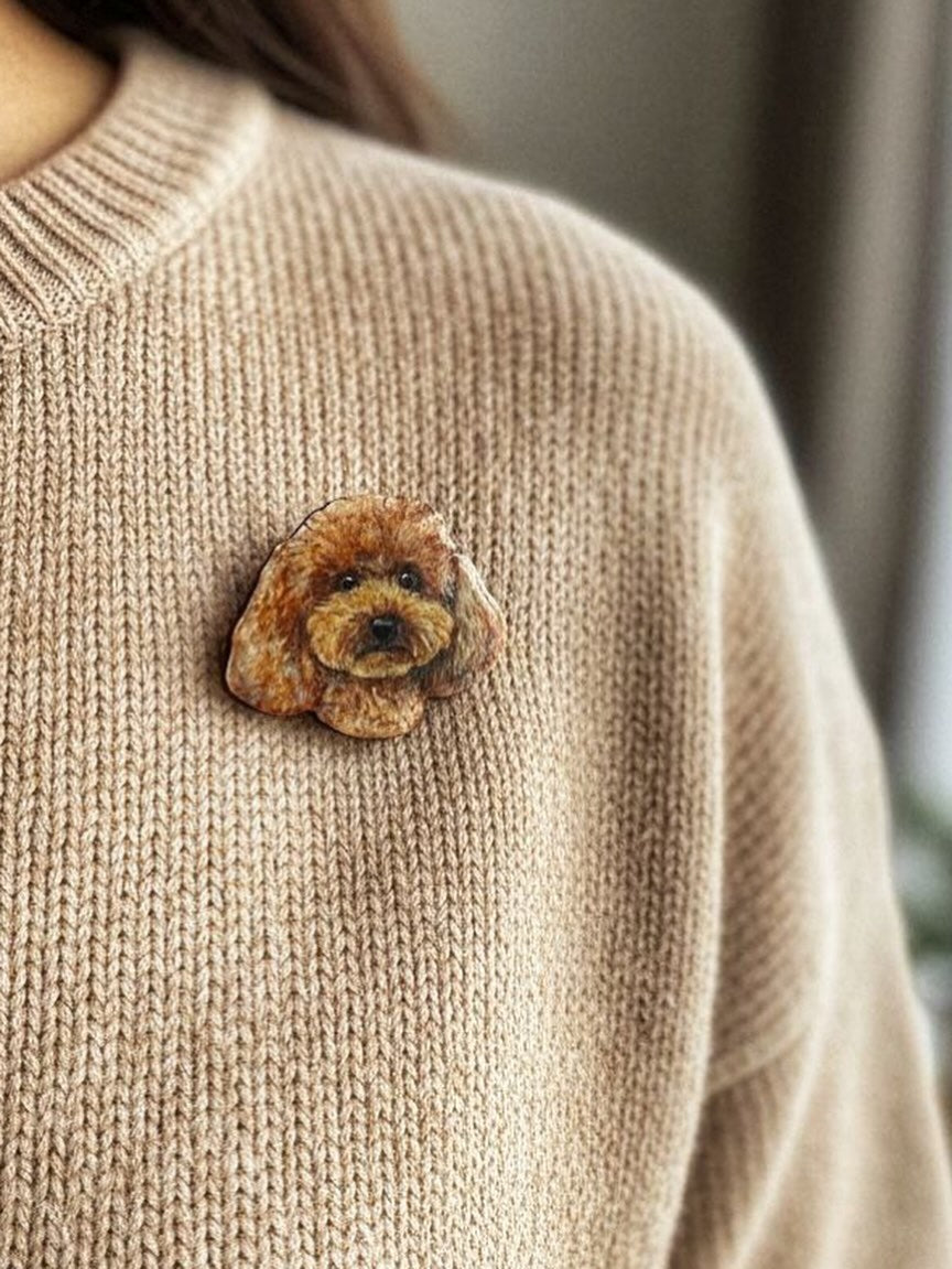 Custom Dog Portrait Brooch - Hand-Painted Wooden Pin