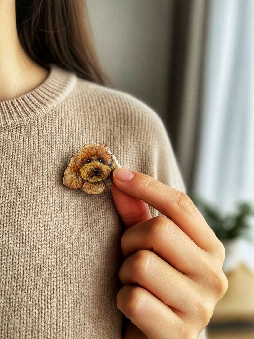 Custom Dog Portrait Brooch - Hand-Painted Wooden Pin