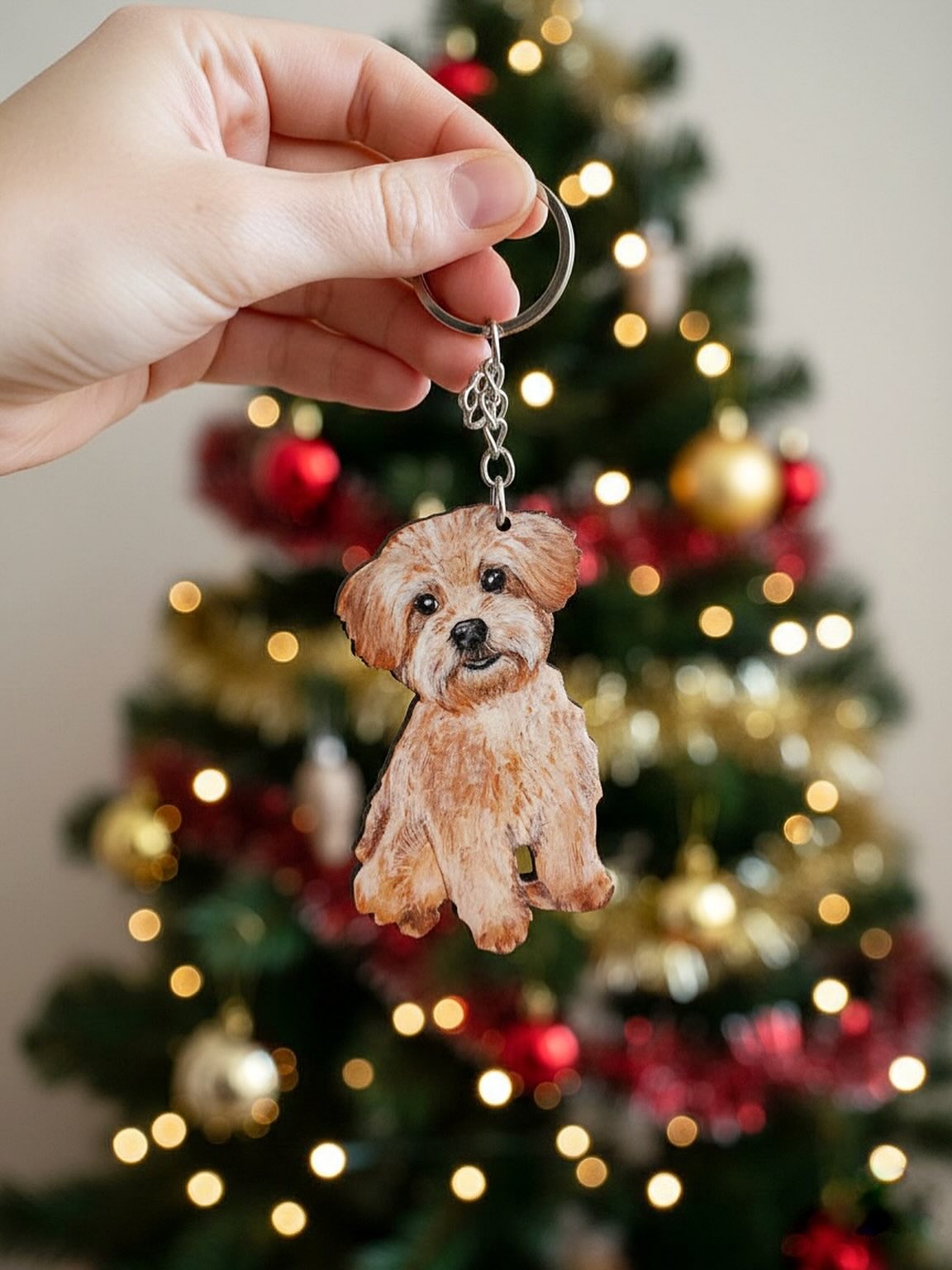 Custom Dog Portrait Keychain - Hand-Painted Wooden Pet Keychain