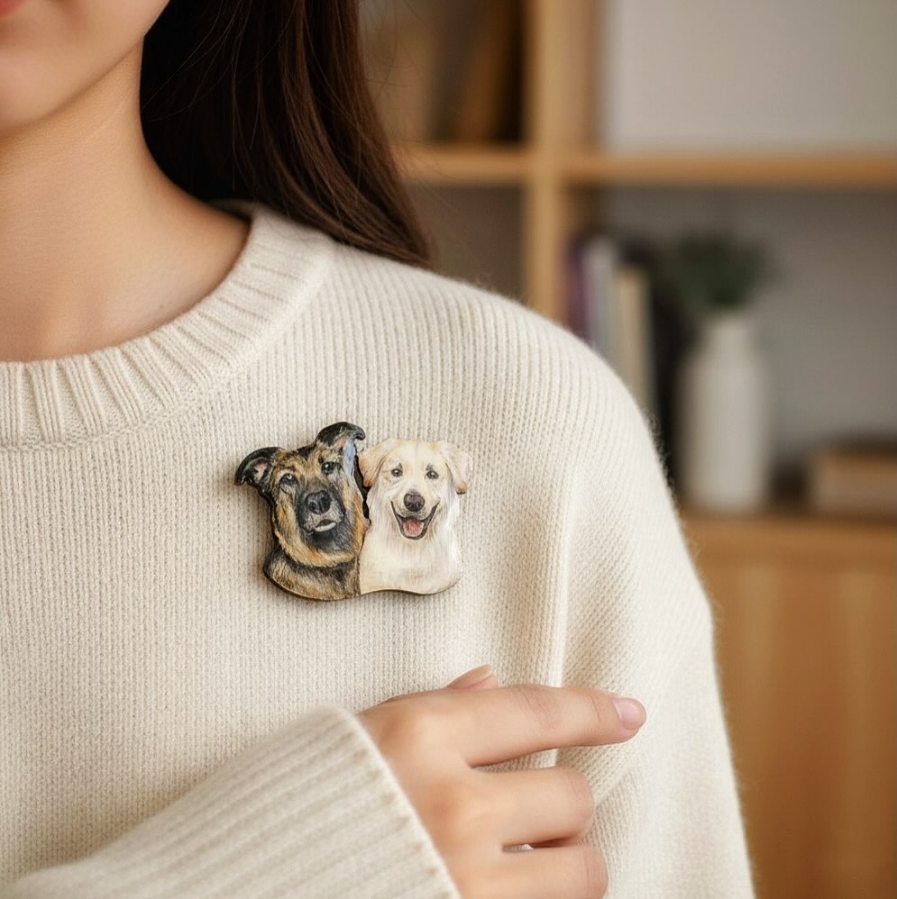 Custom Dog Portrait Brooch - Hand-Painted Wooden Pin