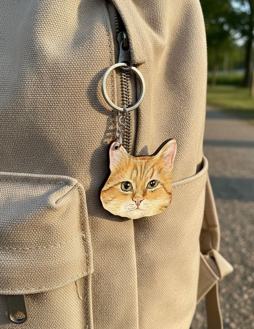 Custom Cat Portrait Keychain - Hand-Painted Wooden Pet Keychain