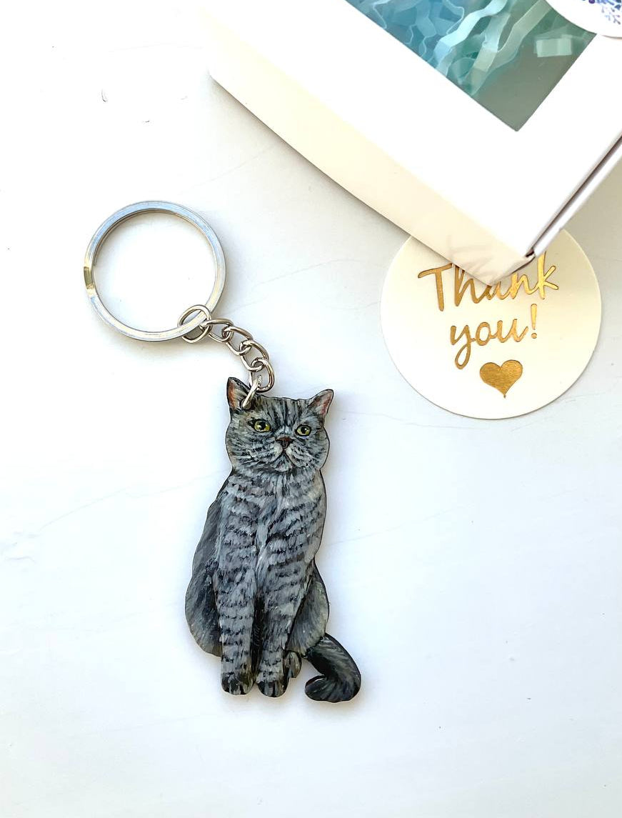 Custom Cat Portrait Keychain - Hand-Painted Wooden Pet Keychain